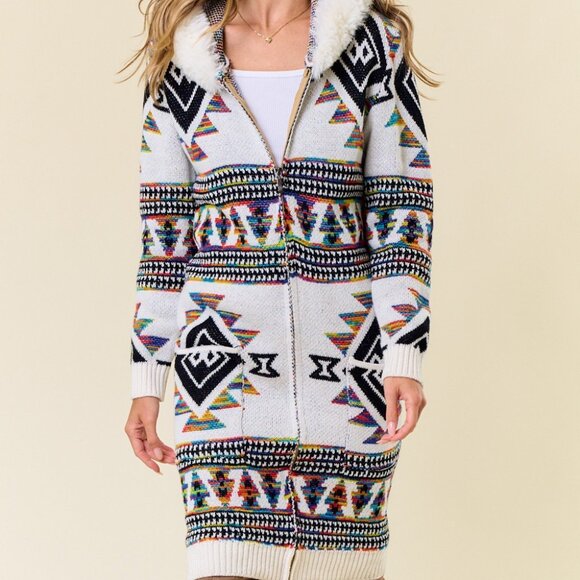 ON BLUE Rainbow Aztec Print Zip-Up Cardigan: Faux Fur Lined Hooded Cardigan Coat - Picture 11 of 15